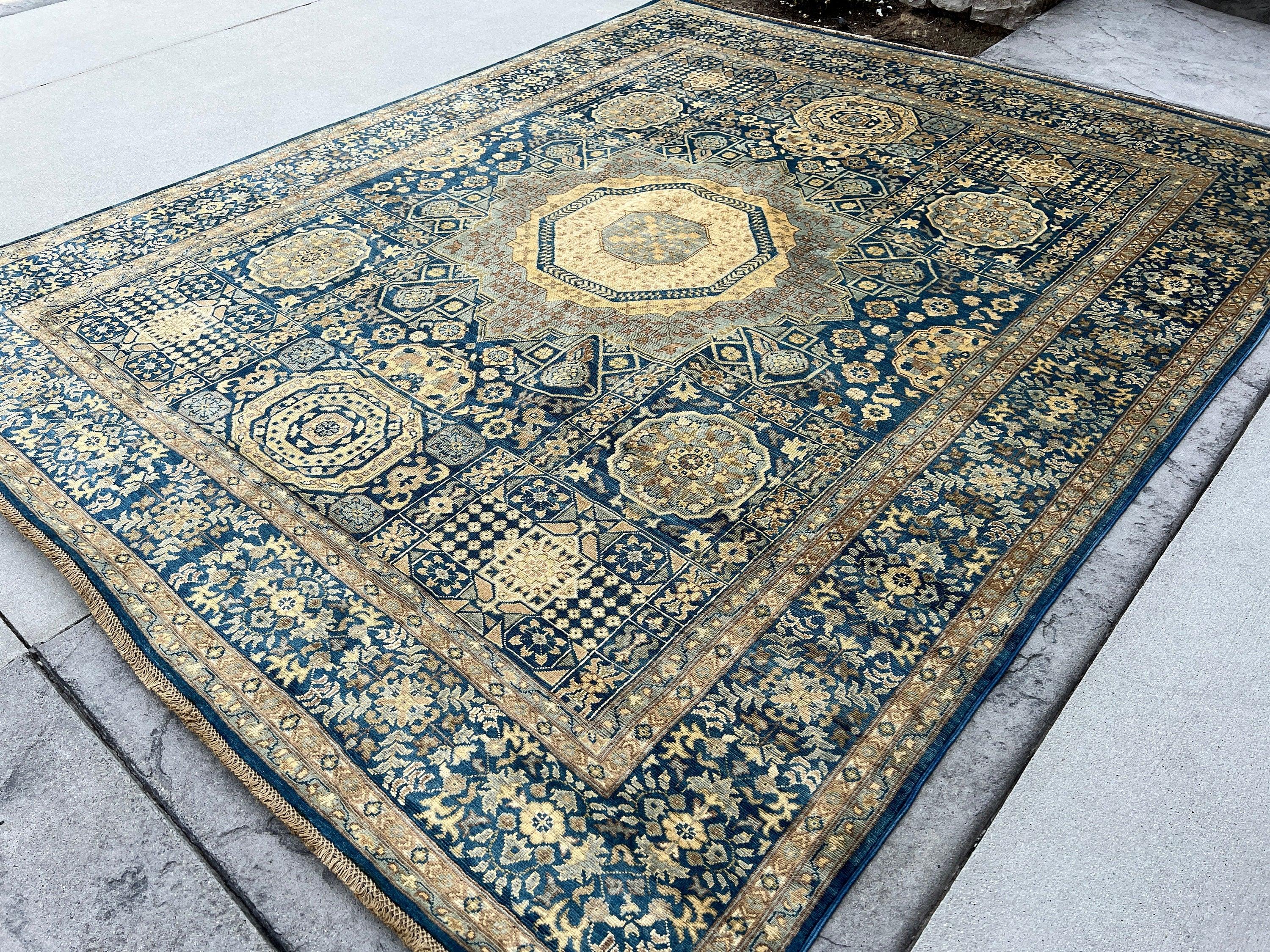 8x10 (245x305) Handmade Afghan Rug | Navy Blue Sky Blue Beige Cream Yellow White Brown Gold | Tribal Oriental Floral Persian Wool Mamluk