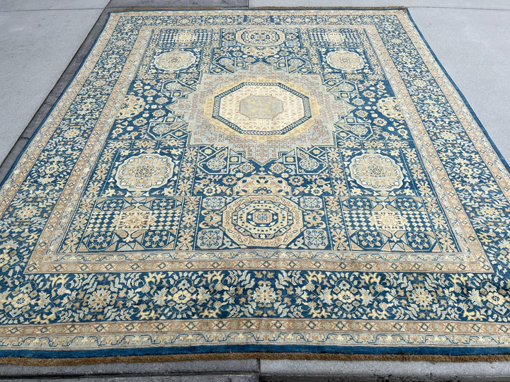 8x10 (245x305) Handmade Afghan Rug | Navy Blue Sky Blue Beige Cream Yellow White Brown Gold | Tribal Oriental Floral Persian Wool Mamluk