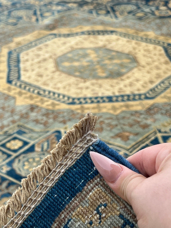 8x10 (245x305) Handmade Afghan Rug | Navy Blue Sky Blue Beige Cream Yellow White Brown Gold | Tribal Oriental Floral Persian Wool Mamluk