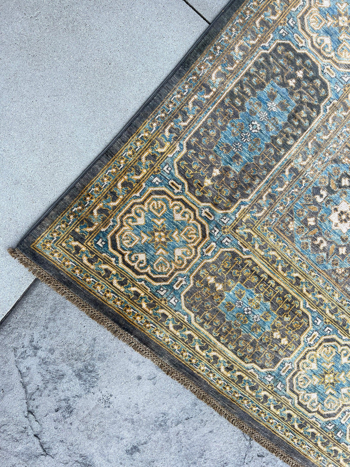 8x11-9x12 (275x365) Handmade Afghan Rug | Charcoal Grey Gold Caramel Sky Blue Denim Blue Turquoise Teal Cream Orange Yellow Brown