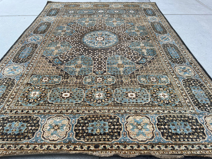 8x11-9x12 (275x365) Handmade Afghan Rug | Charcoal Grey Gold Caramel Sky Blue Denim Blue Turquoise Teal Cream Orange Yellow Brown