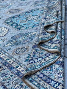 9x12 (275x365) Handmade Afghan Rug | Light Blue Grey Gray Violet Sky Blue Ivory Cream Turquoise Cream Beige Gold Purple Brown Teal Lavender