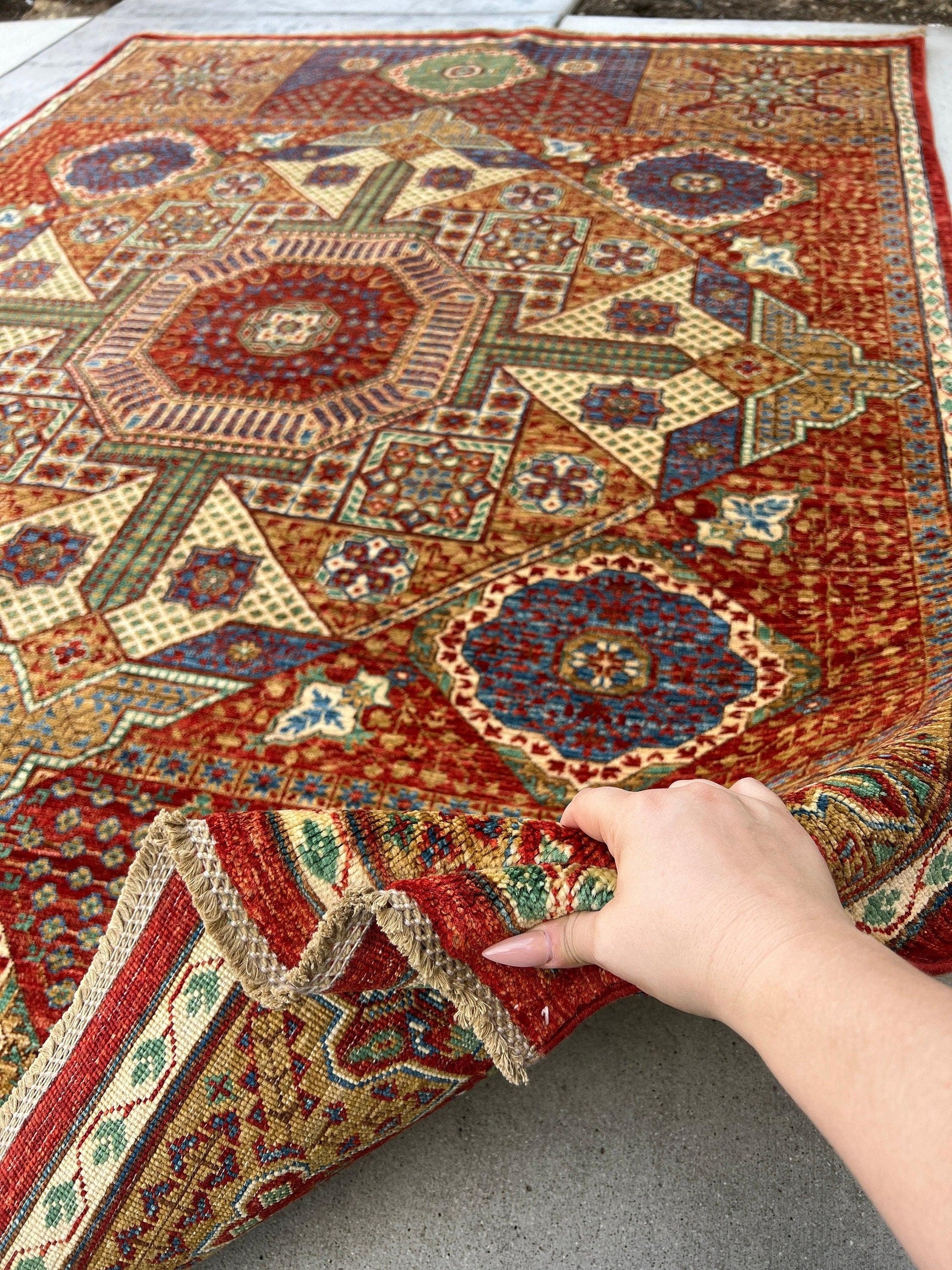 6x8 (180x245) Hand Knotted Handmade Afghan Rug | Burnt Orange Rust Orange Gold Brown Green Denim Blue Ivory Beige Cream | Tribal Geometric