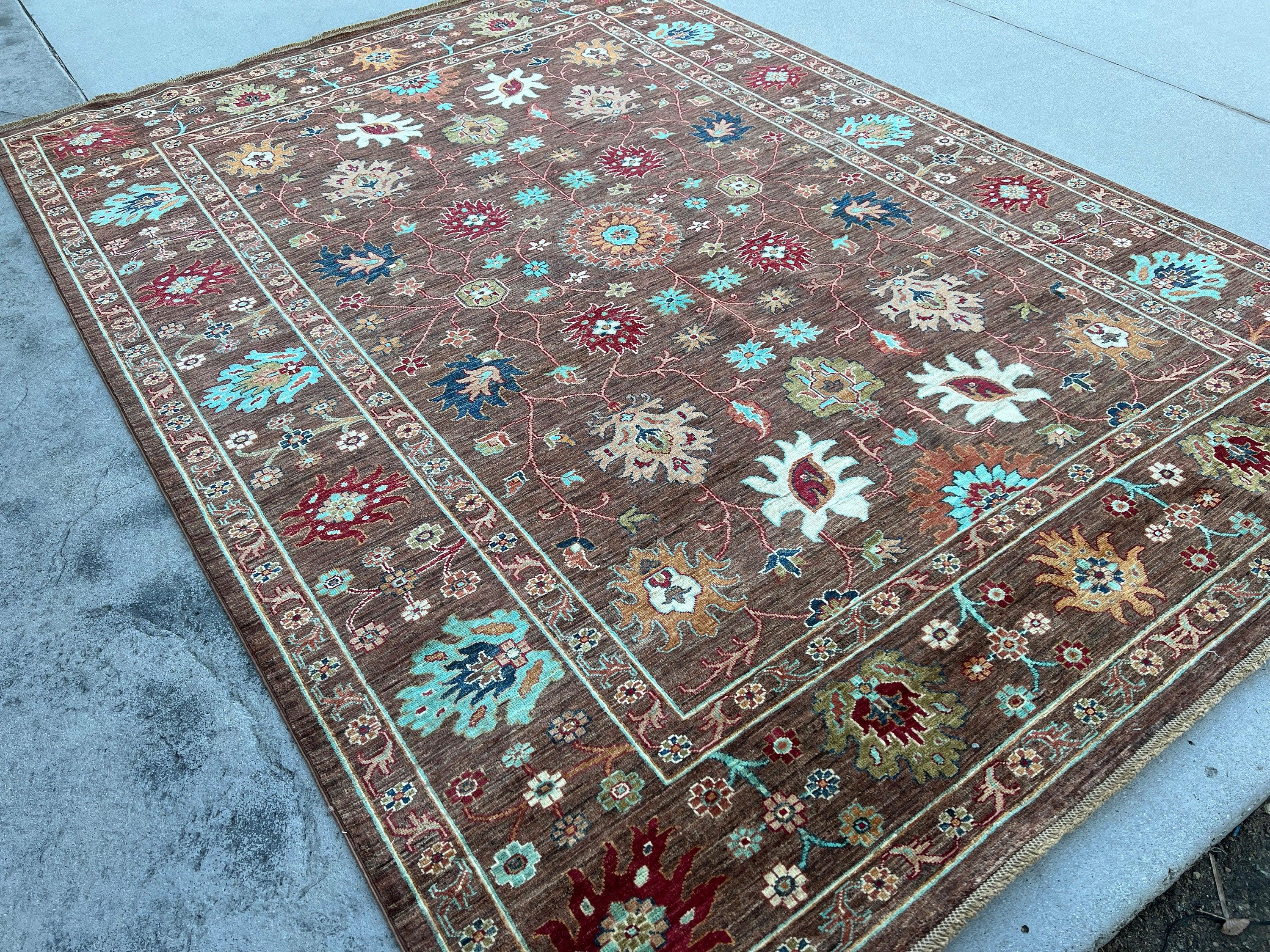 7x10 (215x305) Handmade Afghan Rug | Mauve Beige Red Teal Turquoise Sky Navy Blue Moss Green Yellow Orange Caramel Cream Ivory | Boho Wool