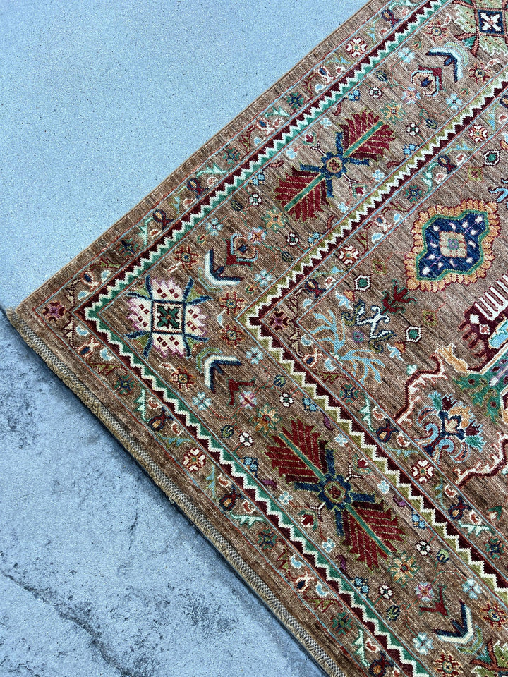 6x9 (180x275) Handmade Afghan Rug | Chocolate Brown Turquoise Teal Caramel Navy Baby Blue Burnt Orange Red Ivory Purple Sage Green