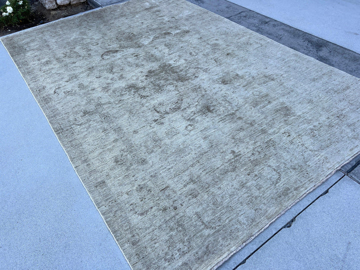 6x10-7x10 (200x305) Handmade Afghan Rug | Neutral Muted Grey Moss Green | Hand Knotted Tribal Wool Modern Contemorary Farmhouse Bohemian