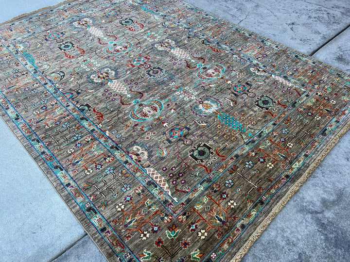 6x8 (180x245) Hand Knotted Handmade Afghan Rug | Green Grey Sage Forest Cream Beige Sky Navy Blue Purple Fern Caramel Brick Red White Black