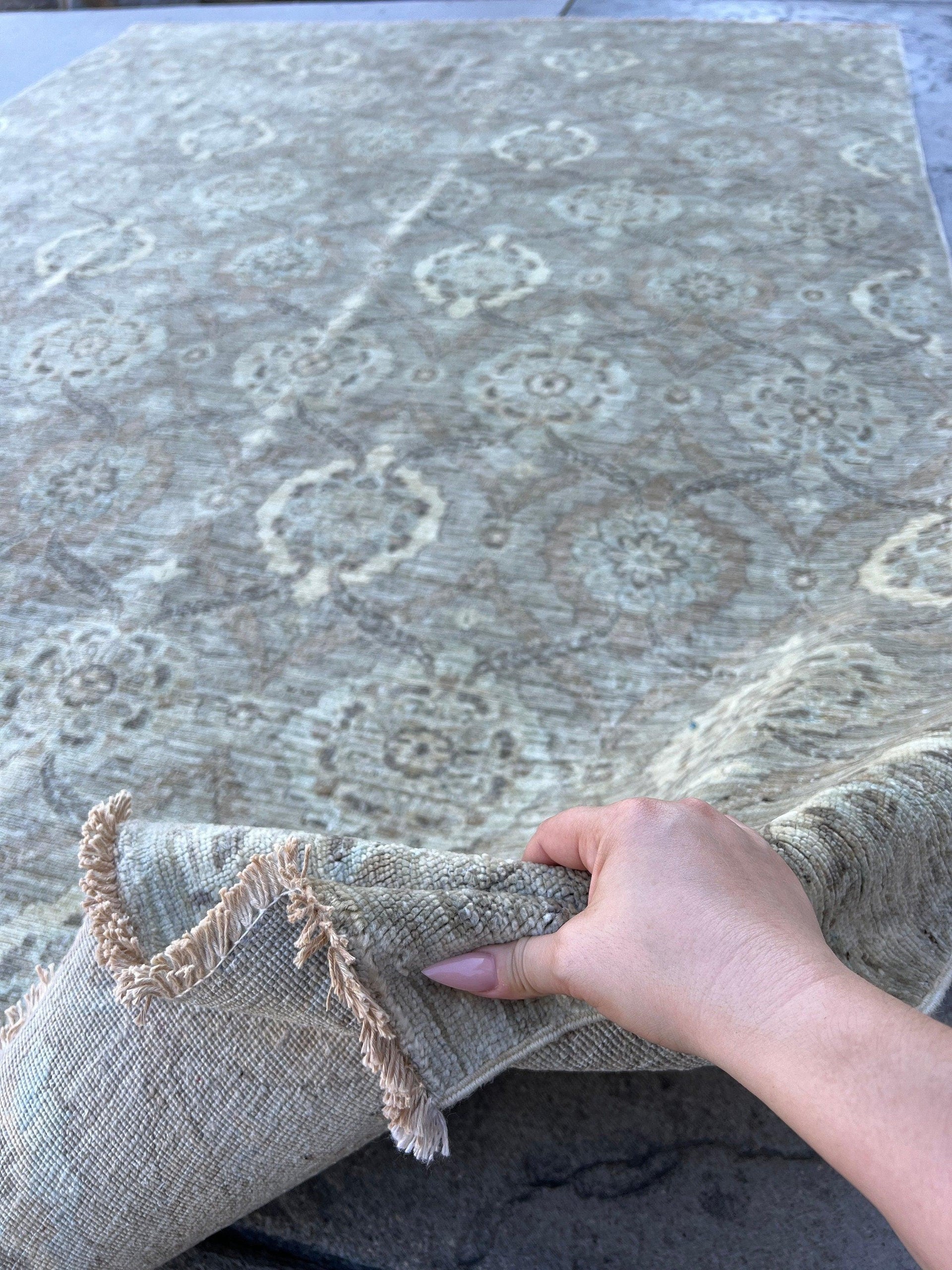 7x8 (215x245) Hand Knotted Handmade Afghan Rug | Neutral Muted Brown Grey Beige Cream | Tribal Floral Oriental Oushak Persian Wool Boho