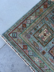 6x8 (180x245) Hand Knotted Handmade Afghan Rug | Blue Grey Brick Red Moss Lime Green Pink Caramel Cream Ivory Turquoise | Turkish Wool Boho