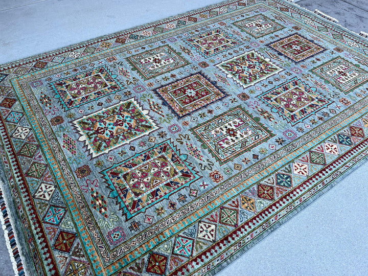 6x8 (180x245) Hand Knotted Handmade Afghan Rug | Blue Grey Brick Red Moss Lime Green Pink Caramel Cream Ivory Turquoise | Turkish Wool Boho