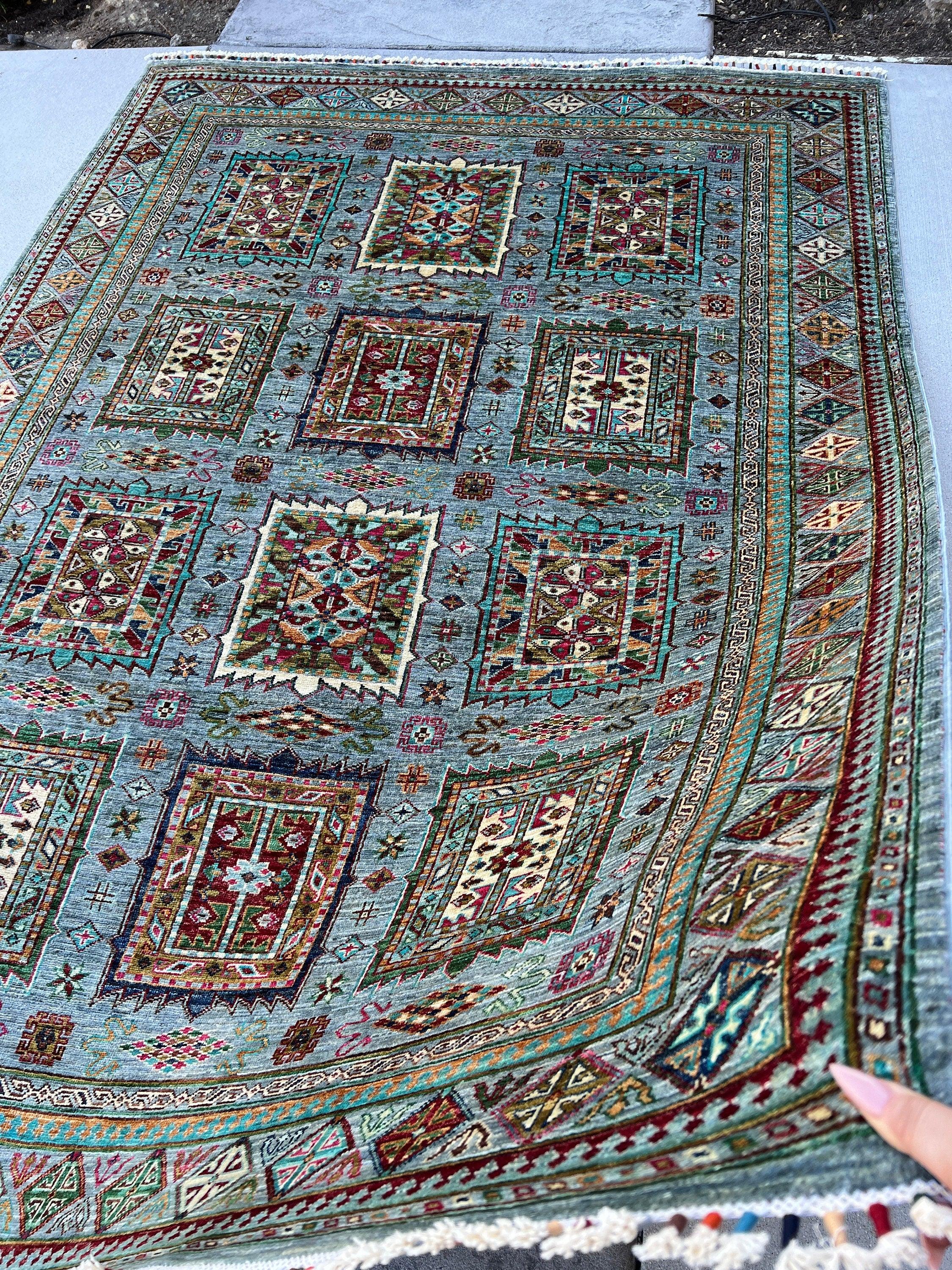 6x8 (180x245) Hand Knotted Handmade Afghan Rug | Blue Grey Brick Red Moss Lime Green Pink Caramel Cream Ivory Turquoise | Turkish Wool Boho