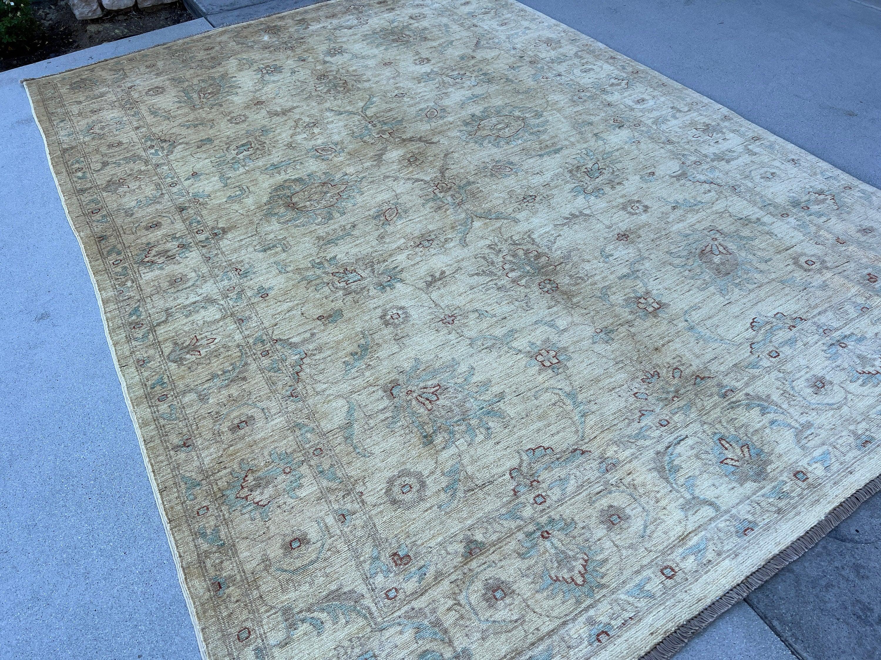 7x10 (180x245) Handmade Afghan Rug | Cream Beige Chocolate Brown Turquoise Grey | Tribal Floral Wool