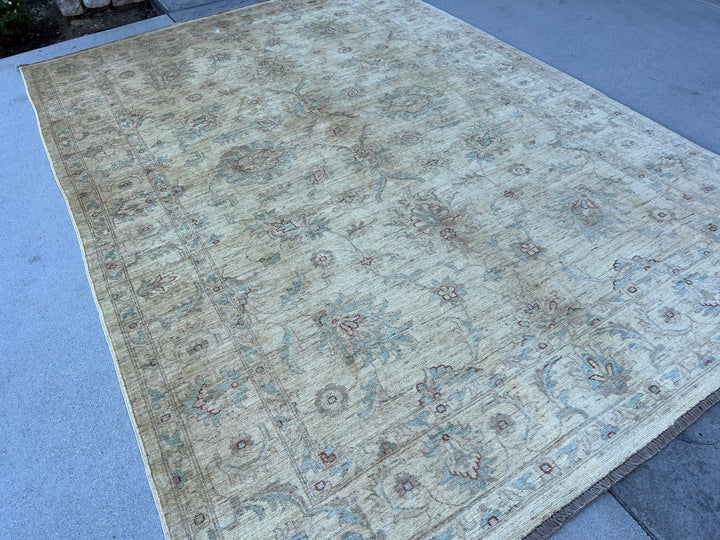 7x10 (180x245) Handmade Afghan Rug | Cream Beige Chocolate Brown Turquoise Grey | Tribal Floral Wool