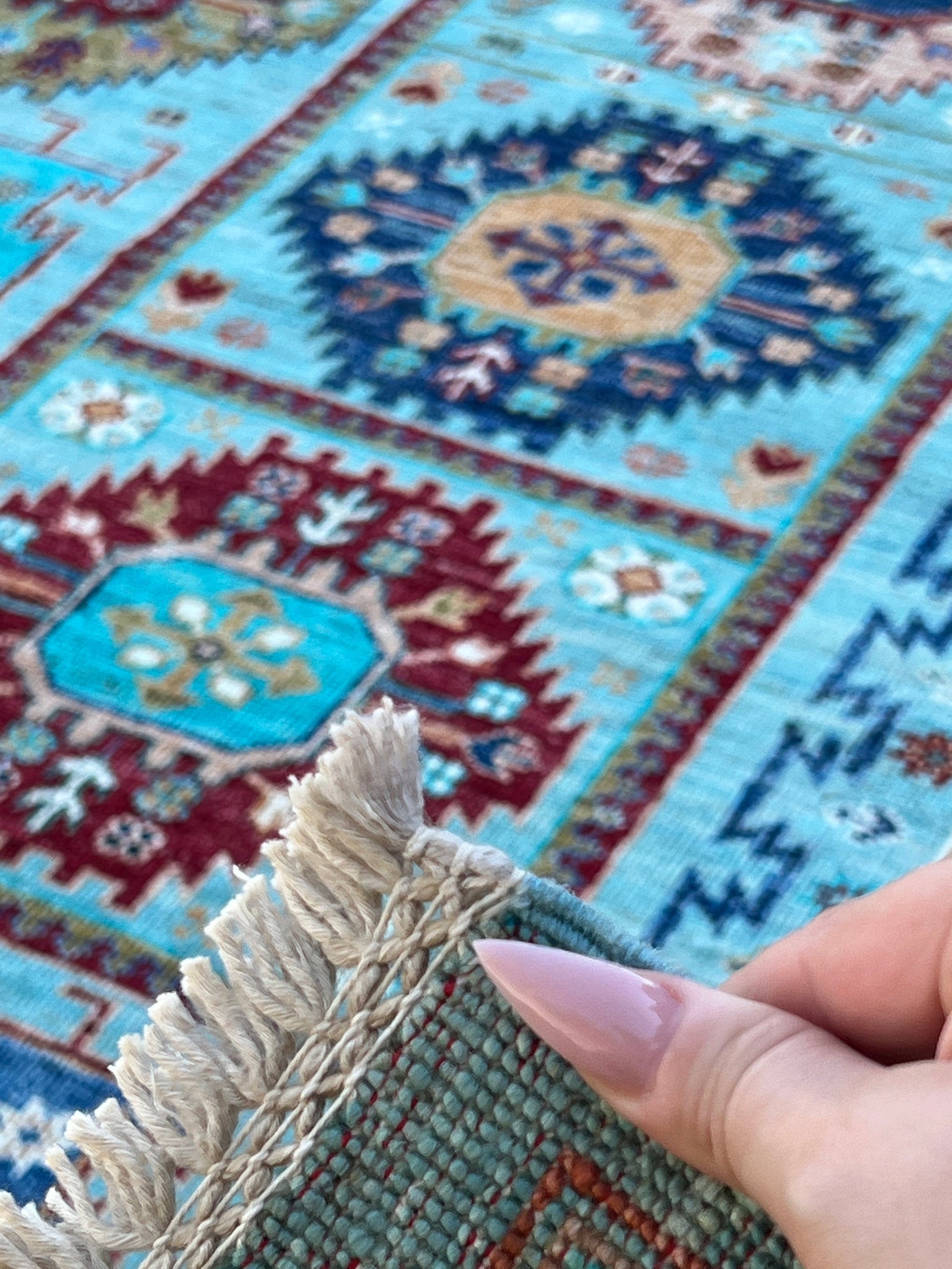 7x8 (215x245) Hand Knotted Handmade Afghan Rug | Turquoise Caramel Brown Burnt Orange Red Cream Beige Moss Green Navy Blue | Geometric Wool