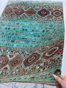5x7 (150x215) Handmade Afghan Rug | Teal Turquoise Red Maroon Chocolate Brown Navy Blue Orange Ivory Cream Blush Pink | Geometric Tribal
