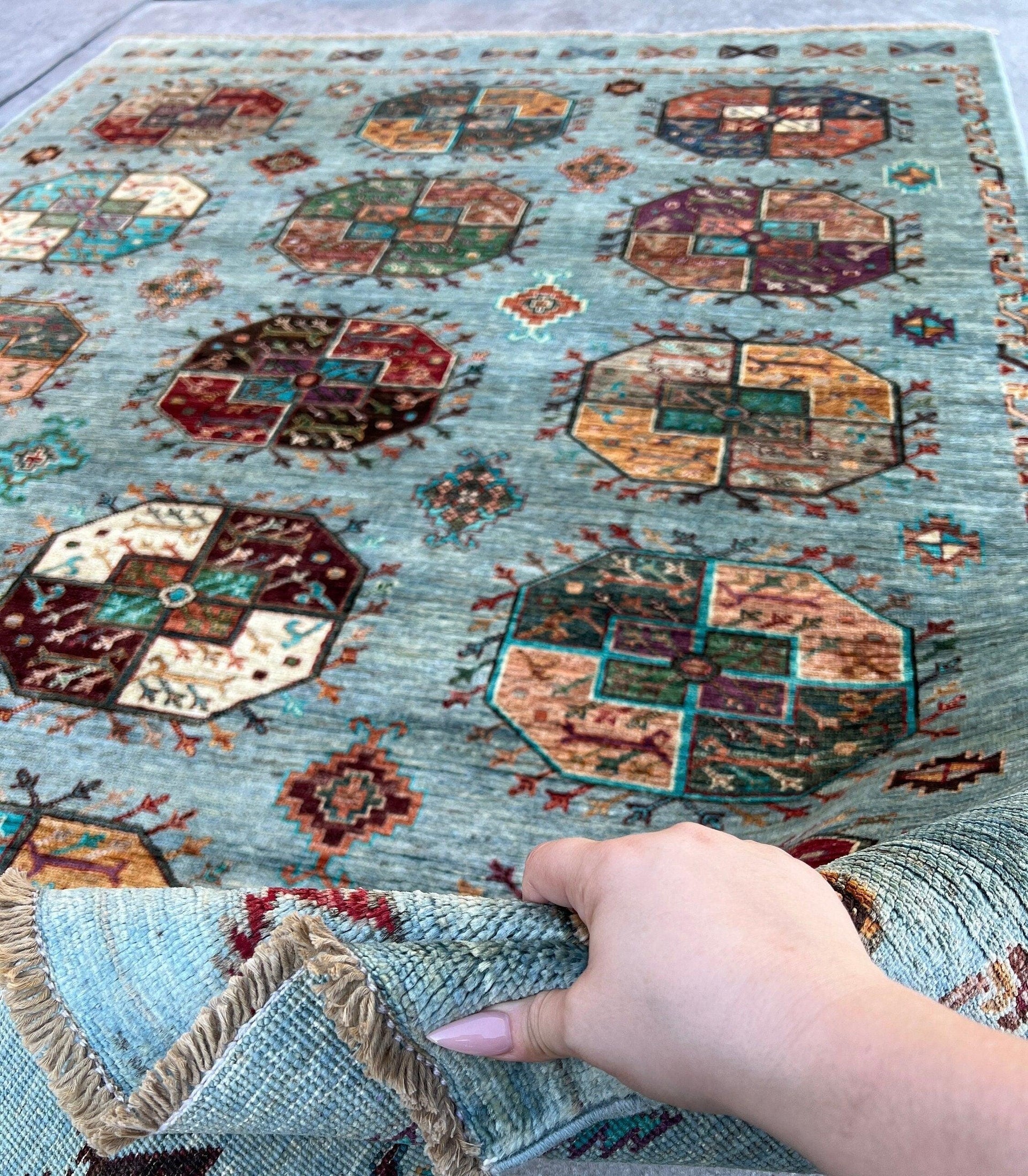 6x8 (180x245) Hand Knotted Afghan Rug | Sky Blue Eggplant Purple Chocolate Brown Caramel Brown Turquoise Forest Green Ivory Grey