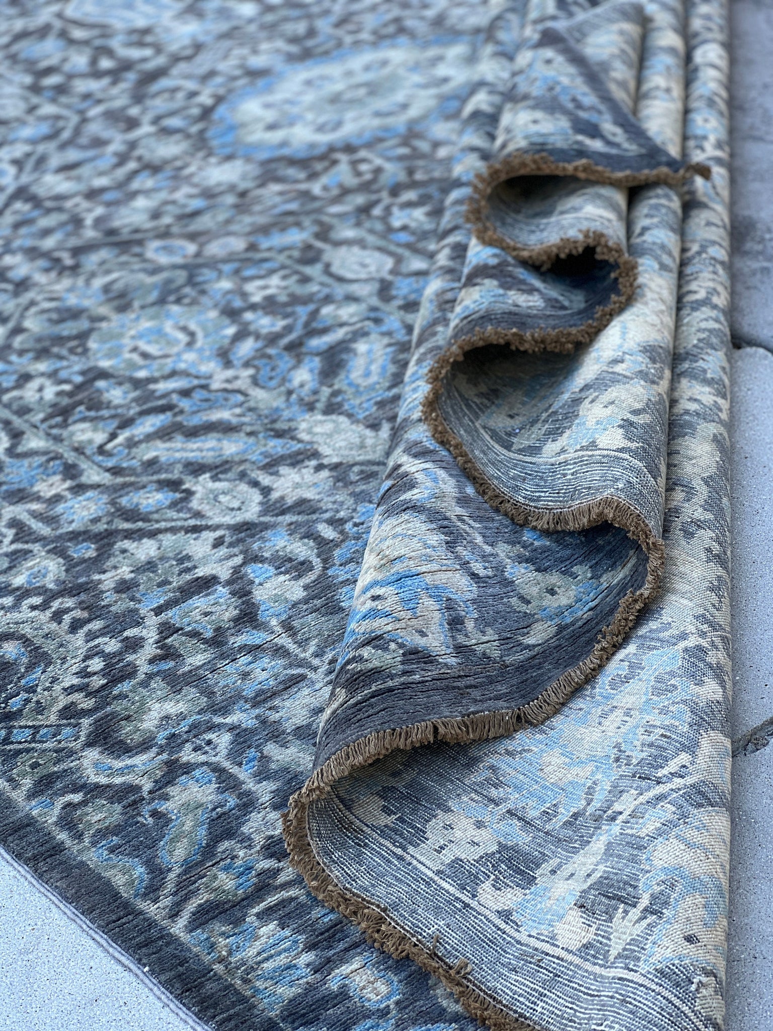 7x10 (215x305) Handmade Afghan Rug | Muted Charcoal Grey Cream Beige Teal Blue Turquoise Denim Blue Sage Green | Tribal Floral Wool Boho