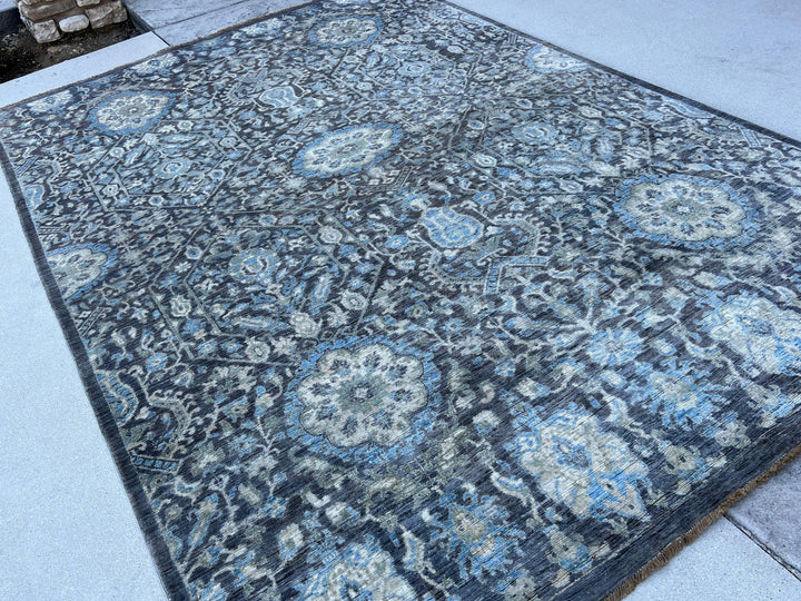 7x10 (215x305) Handmade Afghan Rug | Muted Charcoal Grey Cream Beige Teal Blue Turquoise Denim Blue Sage Green | Tribal Floral Wool Boho