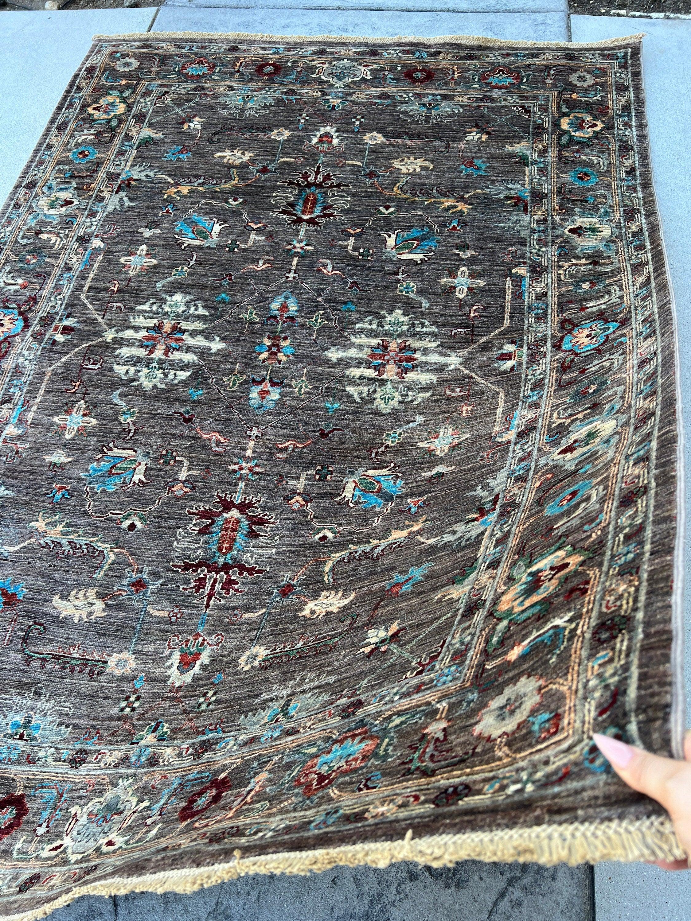 5x7 (150x215) Handmade Afghan Rug | Purple Taupe Mauve Cream Beige Denim Blue Teal Red Caramel Turquoise Green | Tribal Floral Wool Boho