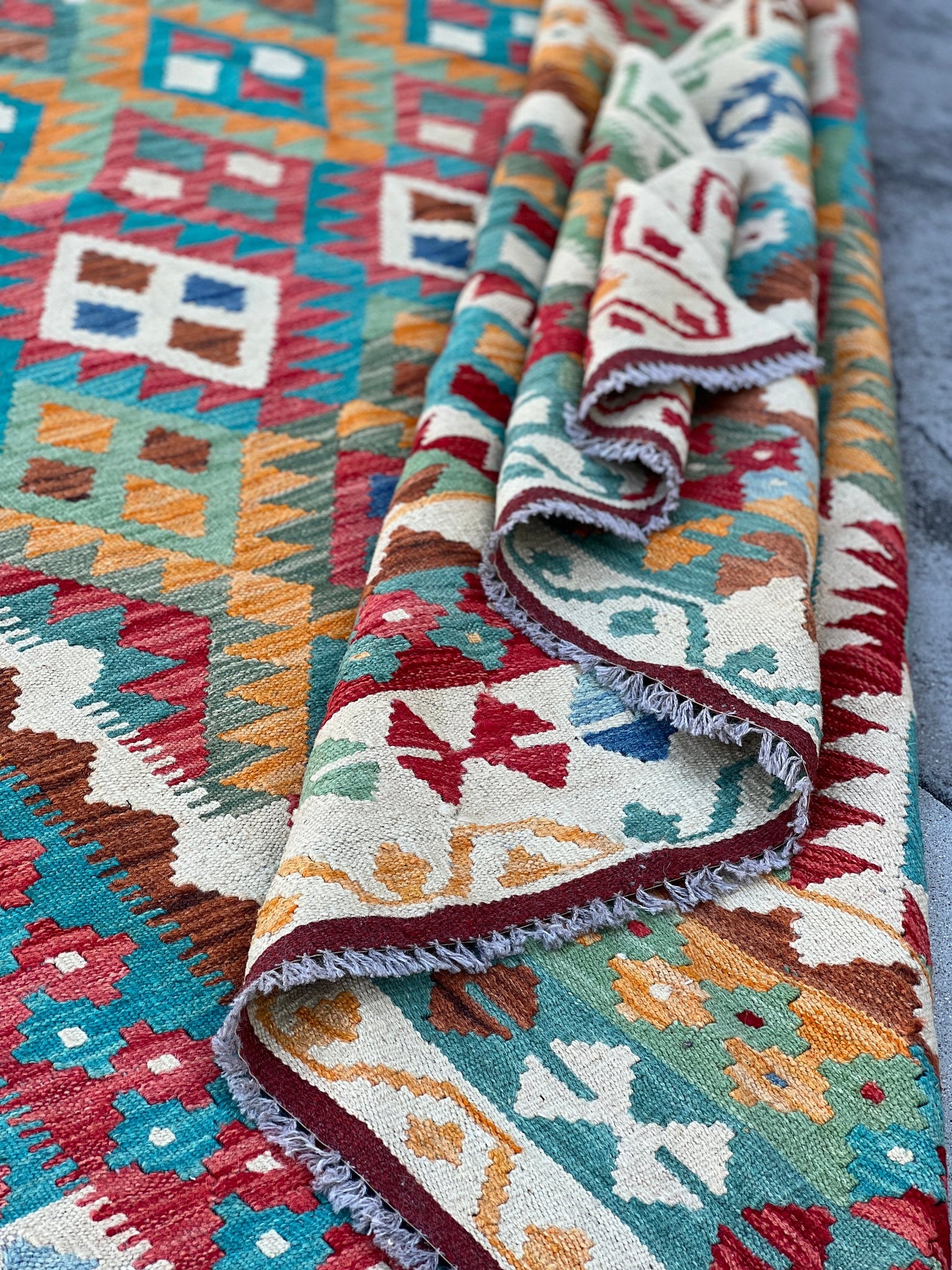 7x10 (215x305) Handmade Afghan Rug | Teal Orange Jean Blue Lime Moss Green Red Chocolate Brown Cream Beige | Geometric Wool