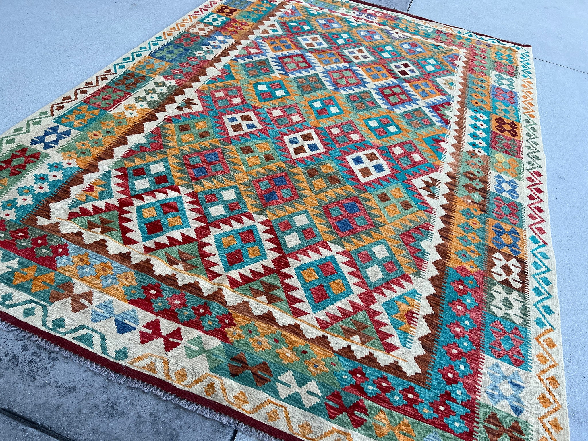 7x10 (215x305) Handmade Afghan Rug | Teal Orange Jean Blue Lime Moss Green Red Chocolate Brown Cream Beige | Geometric Wool