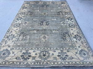 7x10 (215x305) Handmade Afghan Rug | Cream Beige pastel sage green Grey Charcoal | Geometric Floral Wool