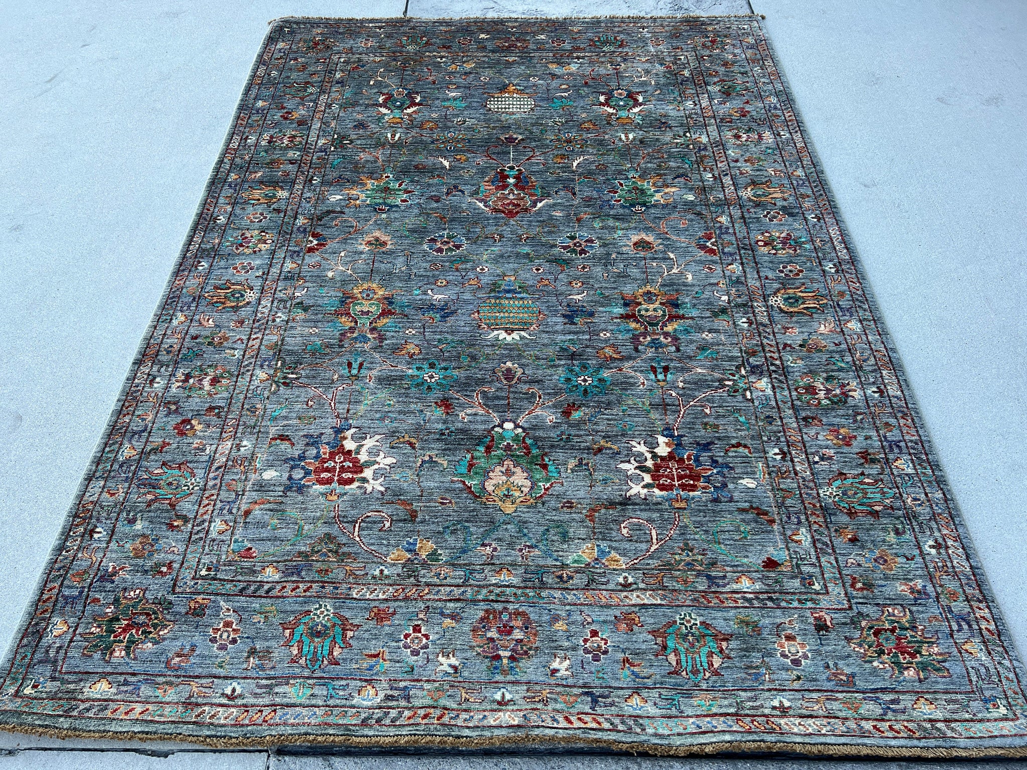 6x8 (180x245) Hand Knotted Afghan Rug | Muted Denim Blue Charcoal Grey Turquoise Green Red Moss Green Brown White Ivory Orange Blue | Floral