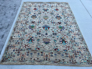 6x8 (180x245) Hand Knotted Afghan Rug | Grey Teal Turquoise Brown Moss Green Rust Caramel Cream Beige Denim Blue | Floral Tribal Wool