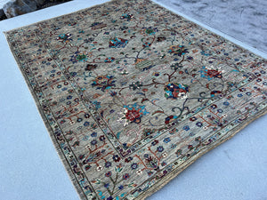 6x8 (180x245) Hand Knotted Afghan Rug | Grey Teal Turquoise Brown Moss Green Rust Caramel Cream Beige Denim Blue | Floral Tribal Wool