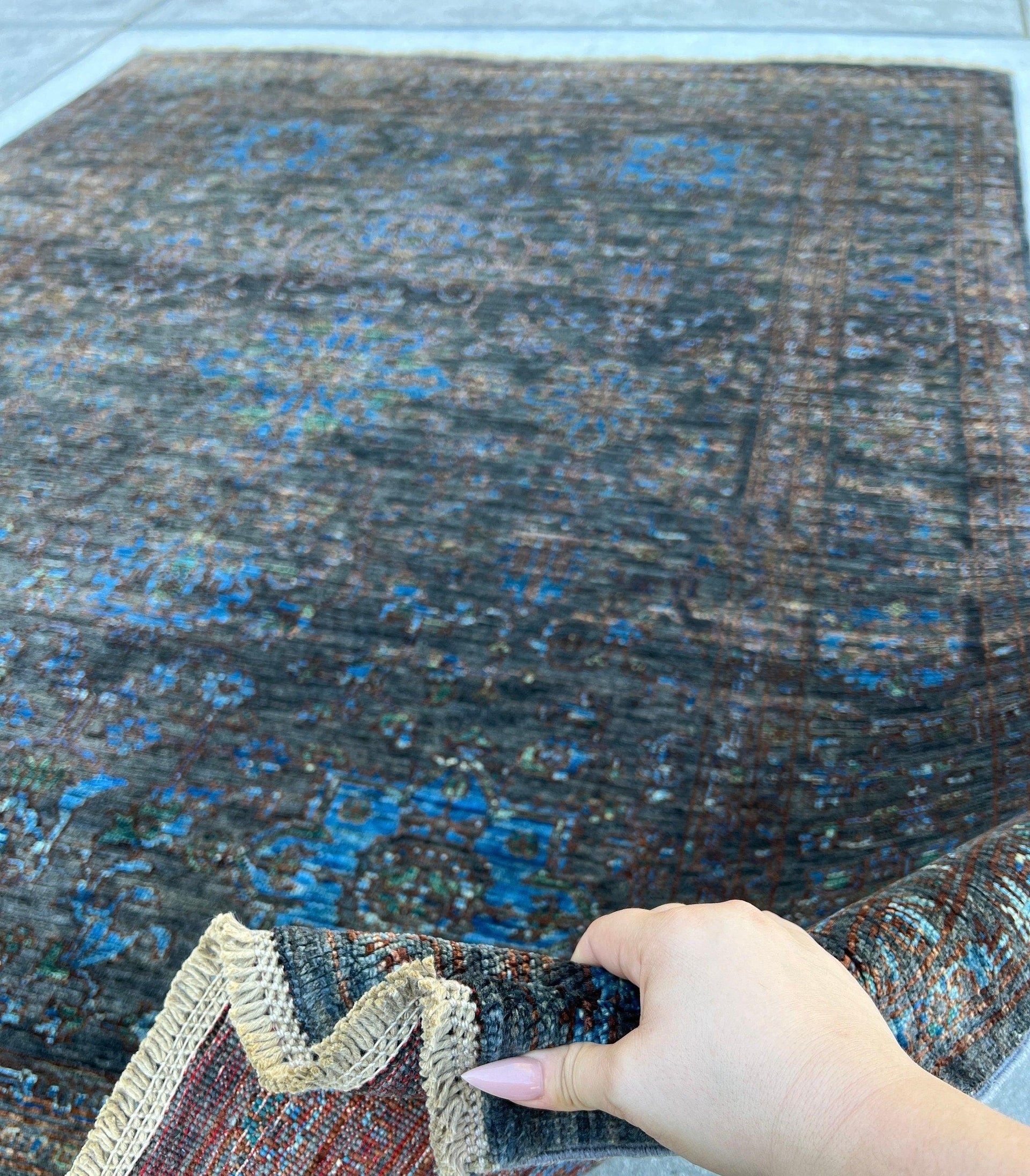 6x8 (180x245) Hand Knotted Afghan Rug | Charcoal Grey Sapphire Blue Chocolate Brown Rust Copper Orange Turquoise | Floral Tribal Wool Boho