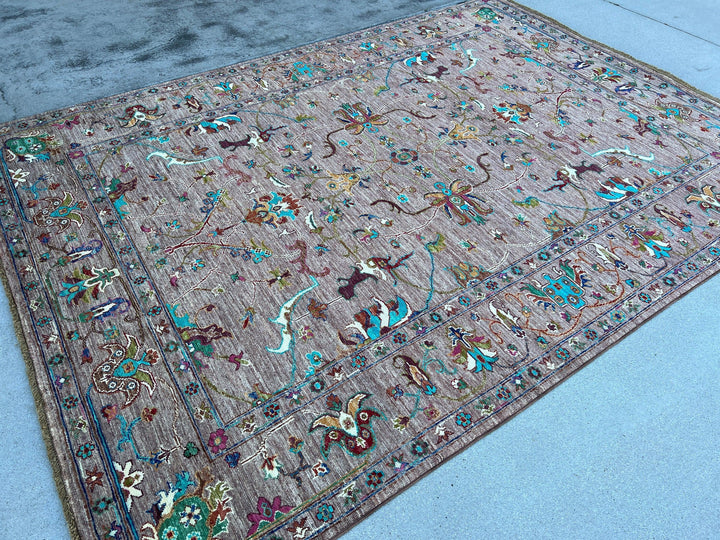 6x8 (180x245) Hand Knotted Afghan Rug | Mauve Purple Lime Moss Green Pink Sky Blue Caramel Beige Burnt Orange Ivory Maroon | Turkish Oushak