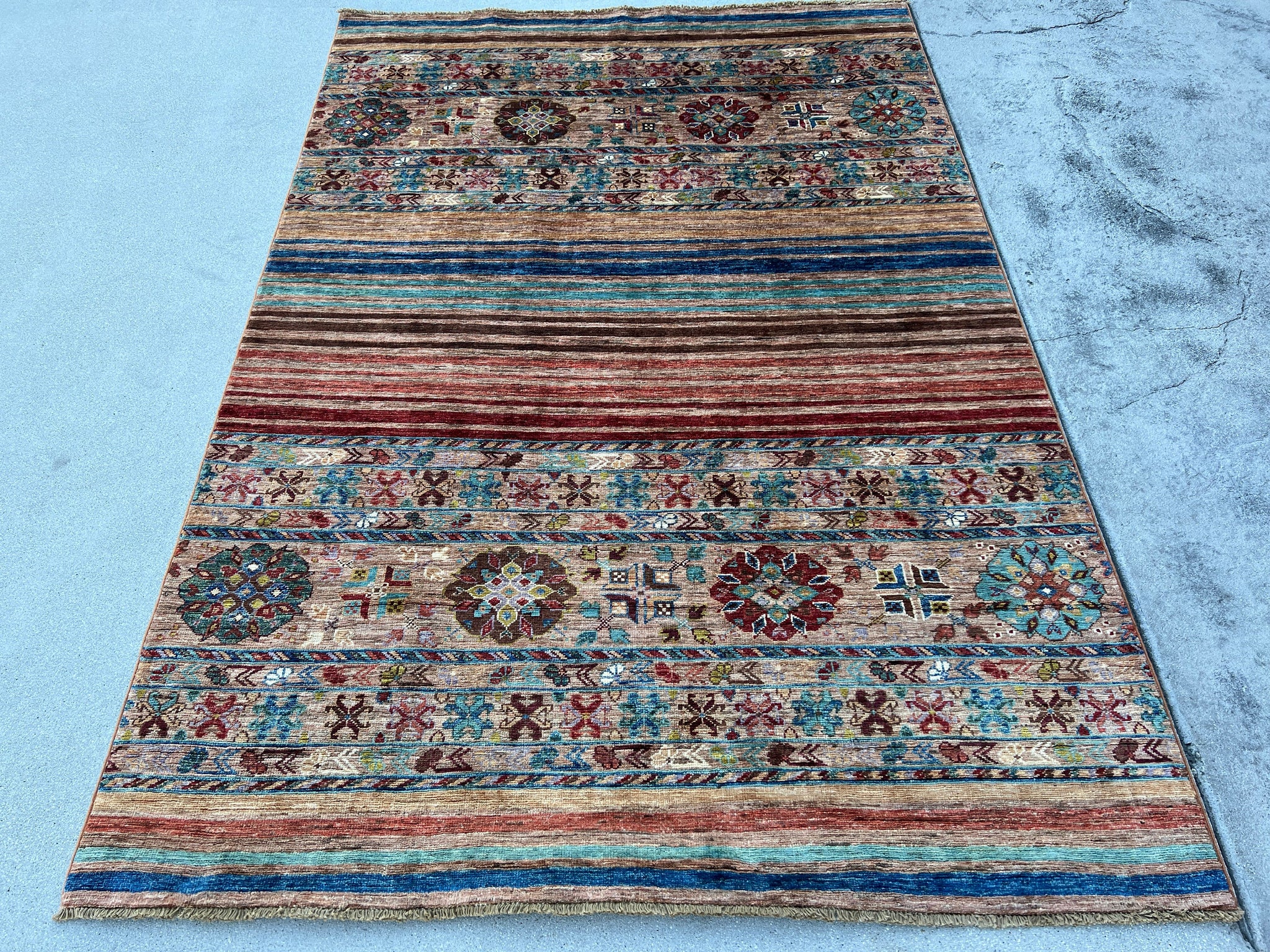 5x7 (150x215) Handmade Afghan Rug | Chocolate Brown Red Turquoise Teal Blue Olive Green Maroon Lavender Gold Ivory | Floral Tribal Wool