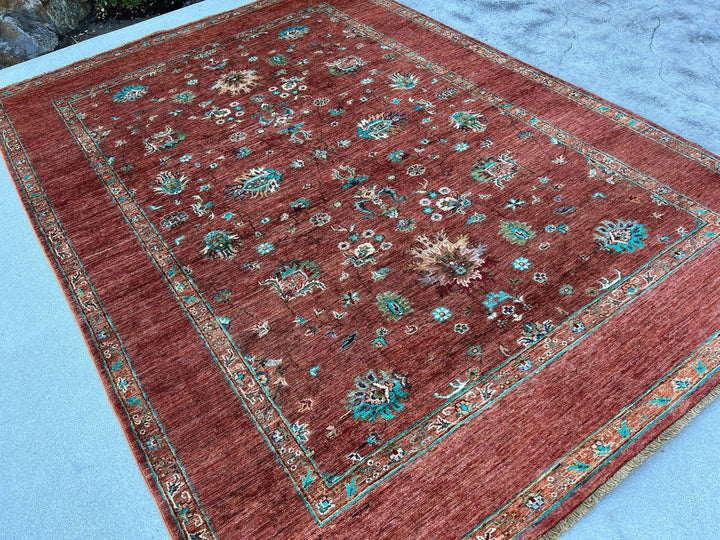 6x8 (180x245) Hand Knotted Afghan Rug | Caramel Teal Turquoise Cream Beige Blush Pink Moss Green Brown | Floral Wool Boho Turkish Persian