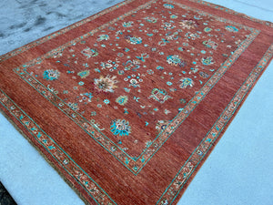 6x8 (180x245) Hand Knotted Afghan Rug | Caramel Teal Turquoise Cream Beige Blush Pink Moss Green Brown | Floral Wool Boho Turkish Persian