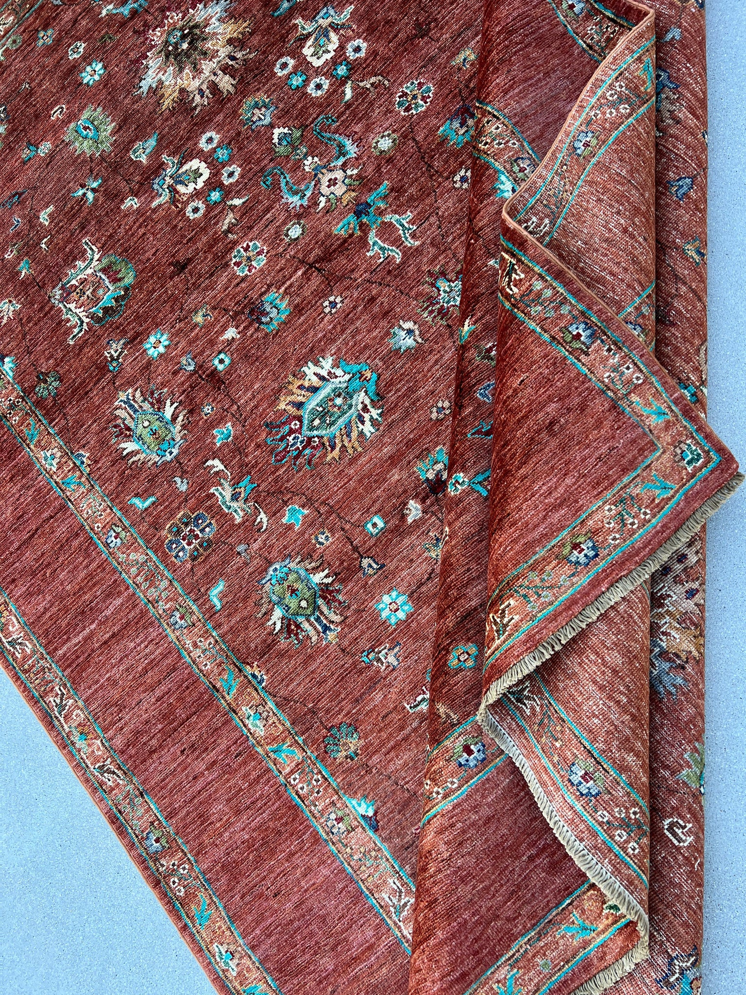 6x8 (180x245) Hand Knotted Afghan Rug | Caramel Teal Turquoise Cream Beige Blush Pink Moss Green Brown | Floral Wool Boho Turkish Persian