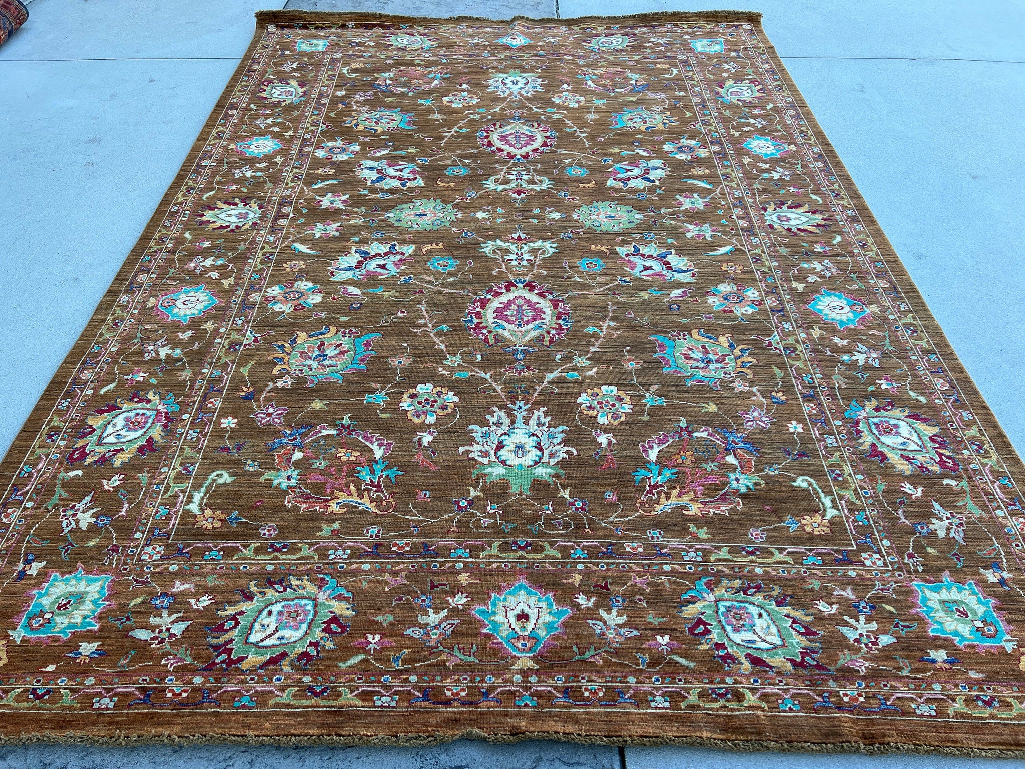 7x10 (215x305) Handmade Afghan Rug | Chocolate Brown Turquoise Fuchsia Blush Pink Teal Ivory Blue Orange Green Grey | Floral Tribal Wool