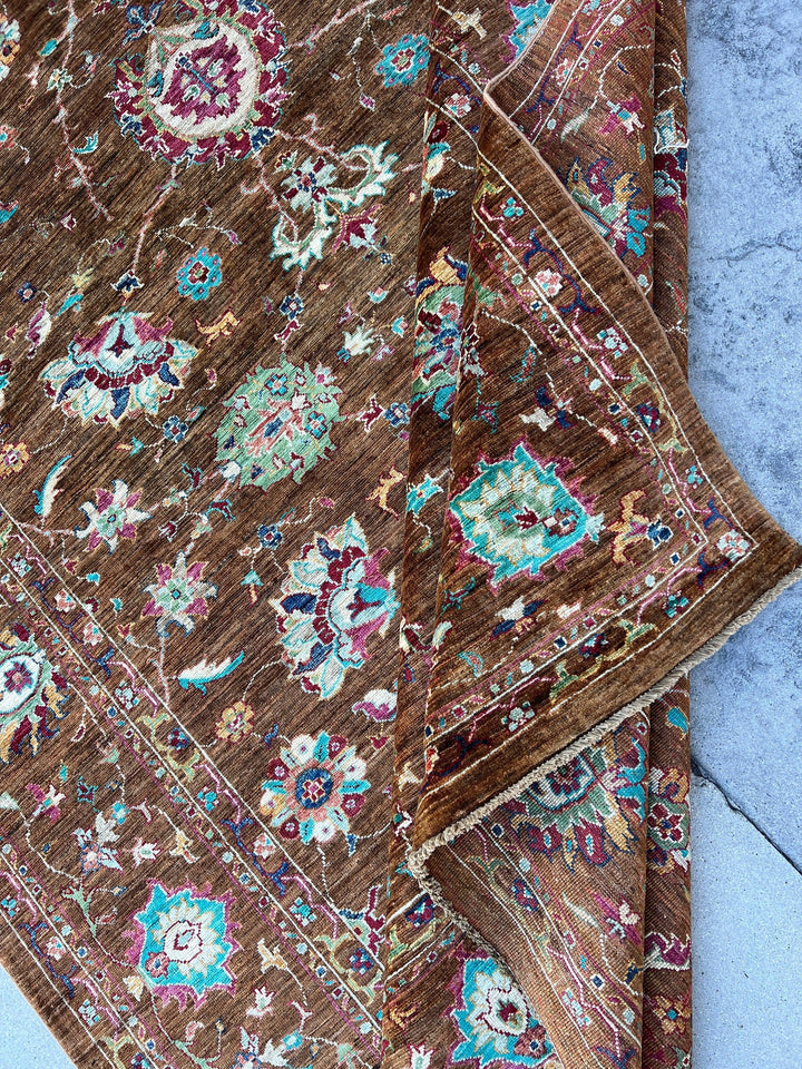 7x10 (215x305) Handmade Afghan Rug | Chocolate Brown Turquoise Fuchsia Blush Pink Teal Ivory Blue Orange Green Grey | Floral Tribal Wool