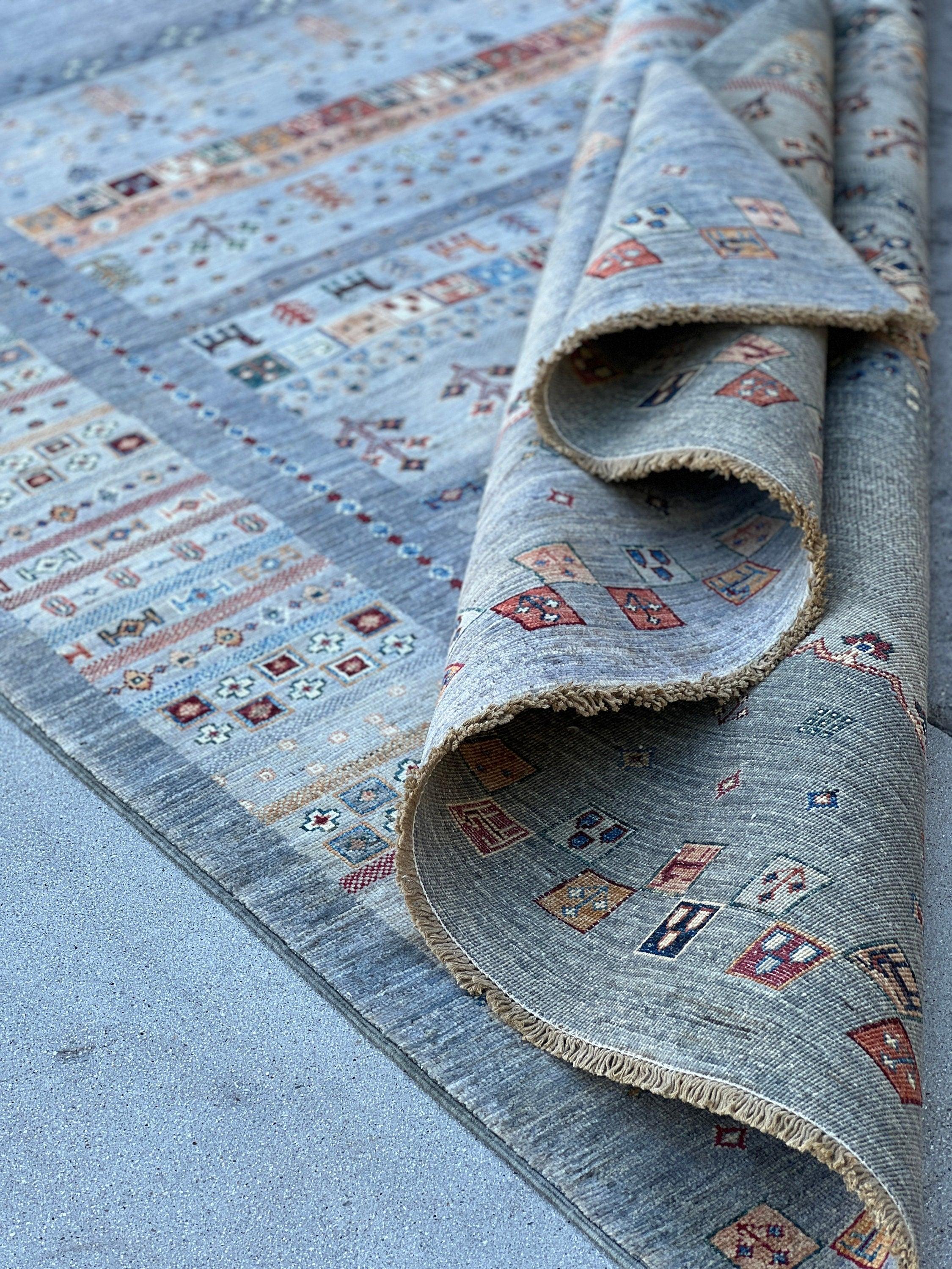 6x8 (180x245) Hand Knotted Afghan Rug | Grey Charcoal Burnt Orange Maroon Yellow Denim Blue Coral Green Navy Cream Beige | Floral Wool