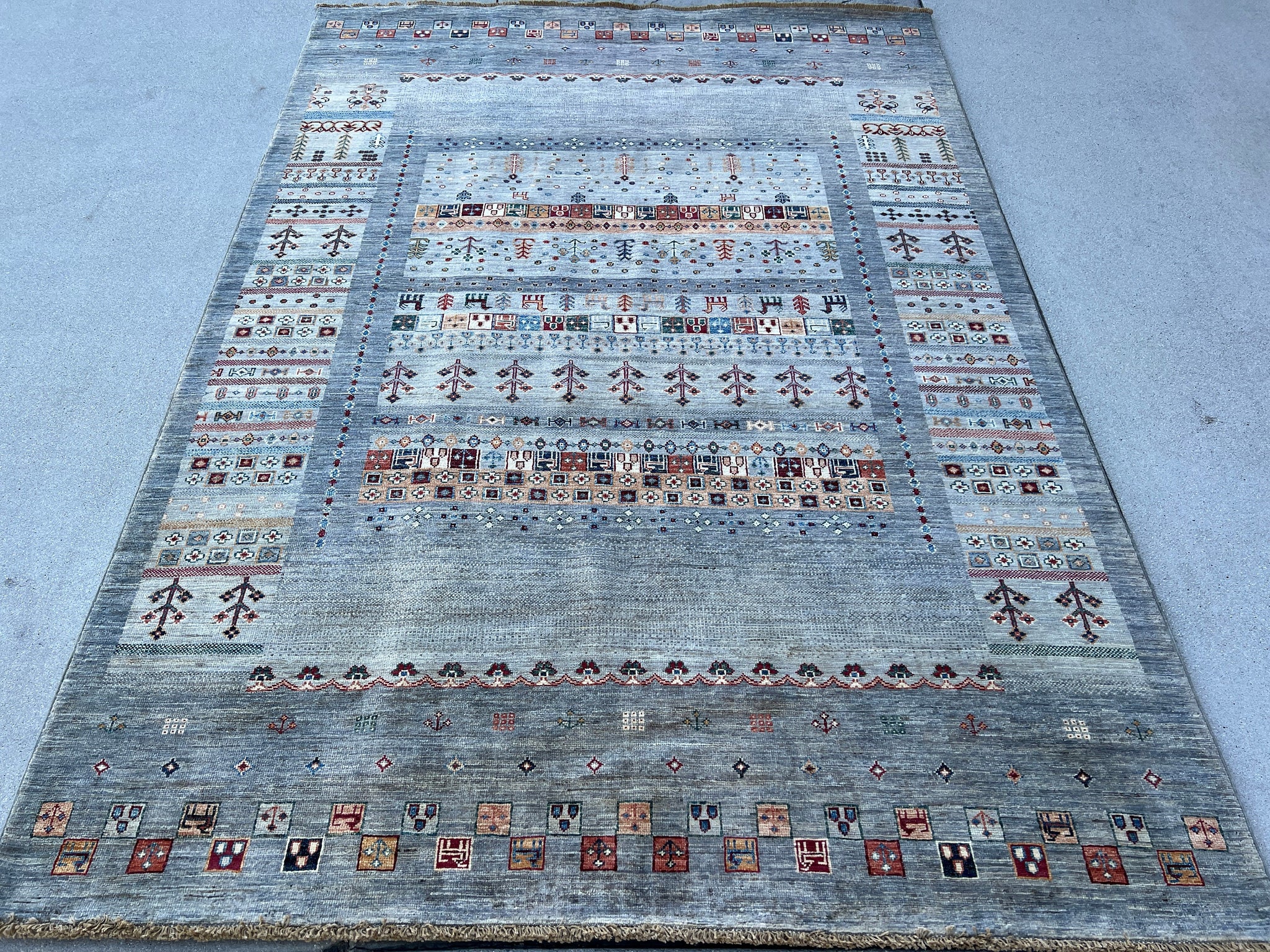 6x8 (180x245) Hand Knotted Afghan Rug | Grey Charcoal Burnt Orange Maroon Yellow Denim Blue Coral Green Navy Cream Beige | Floral Wool