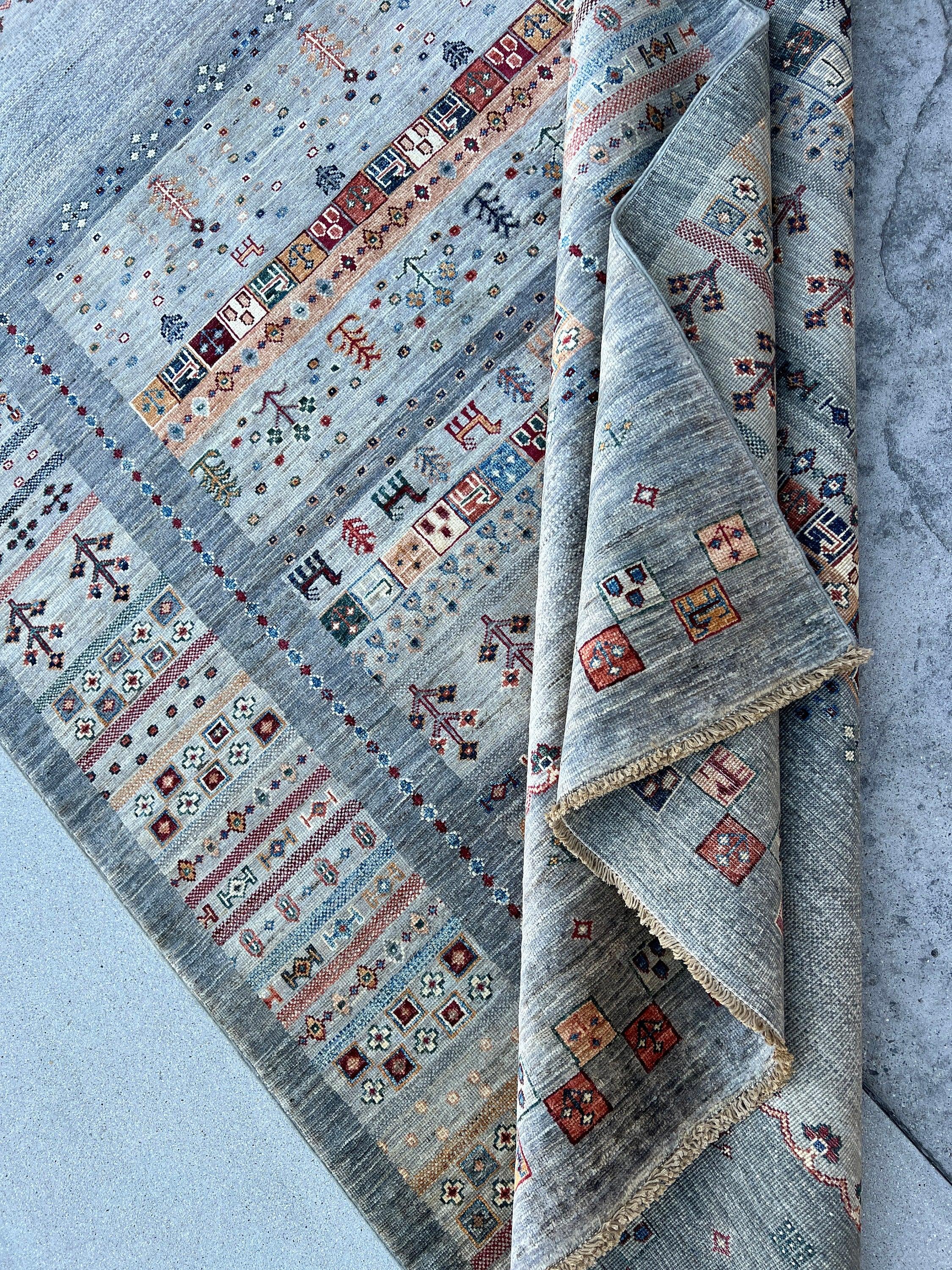 6x8 (180x245) Hand Knotted Afghan Rug | Grey Charcoal Burnt Orange Maroon Yellow Denim Blue Coral Green Navy Cream Beige | Floral Wool