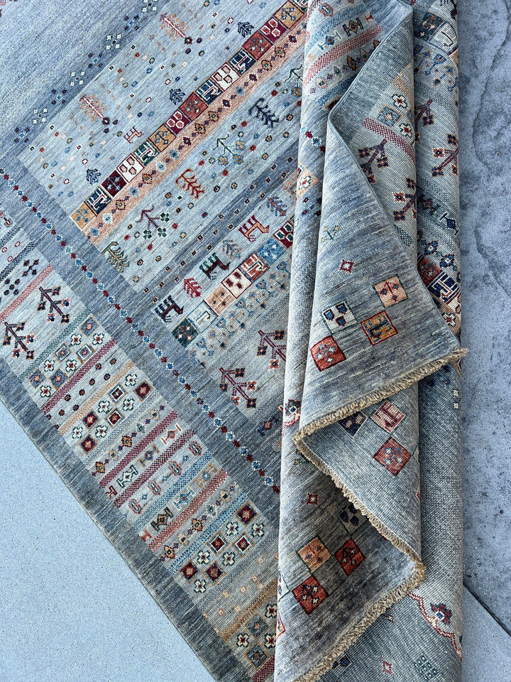 6x8 (180x245) Hand Knotted Afghan Rug | Grey Charcoal Burnt Orange Maroon Yellow Denim Blue Coral Green Navy Cream Beige | Floral Wool