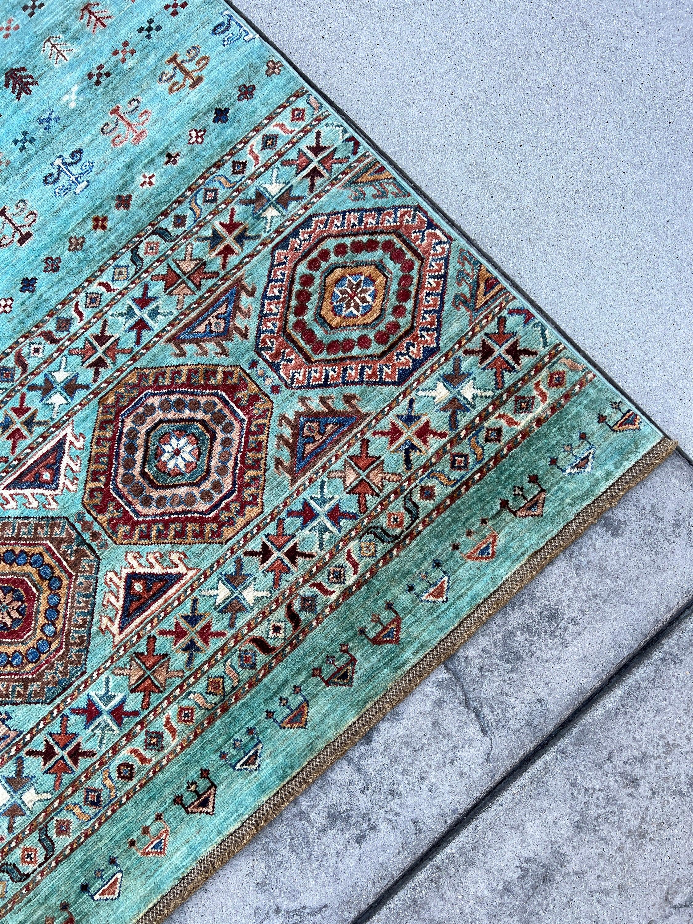 5x7 (150x215) Handmade Afghan Rug | Teal Turquoise Red Maroon Chocolate Brown Navy Blue Orange Ivory Cream Blush Pink | Geometric Tribal