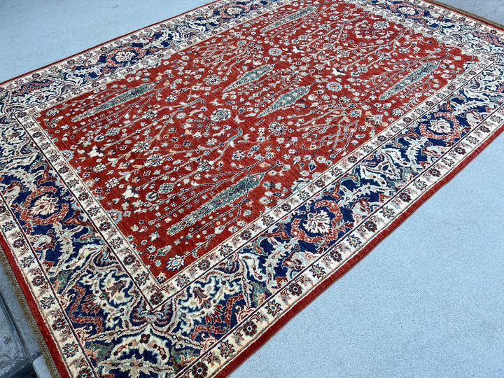 6x8 (180x245) Hand Knotted Afghan Rug | Red Burnt Orange Navy Blue Sky Blue Turquoise Green Teal Maroon Ivory Cream Beige Orange Light Brown