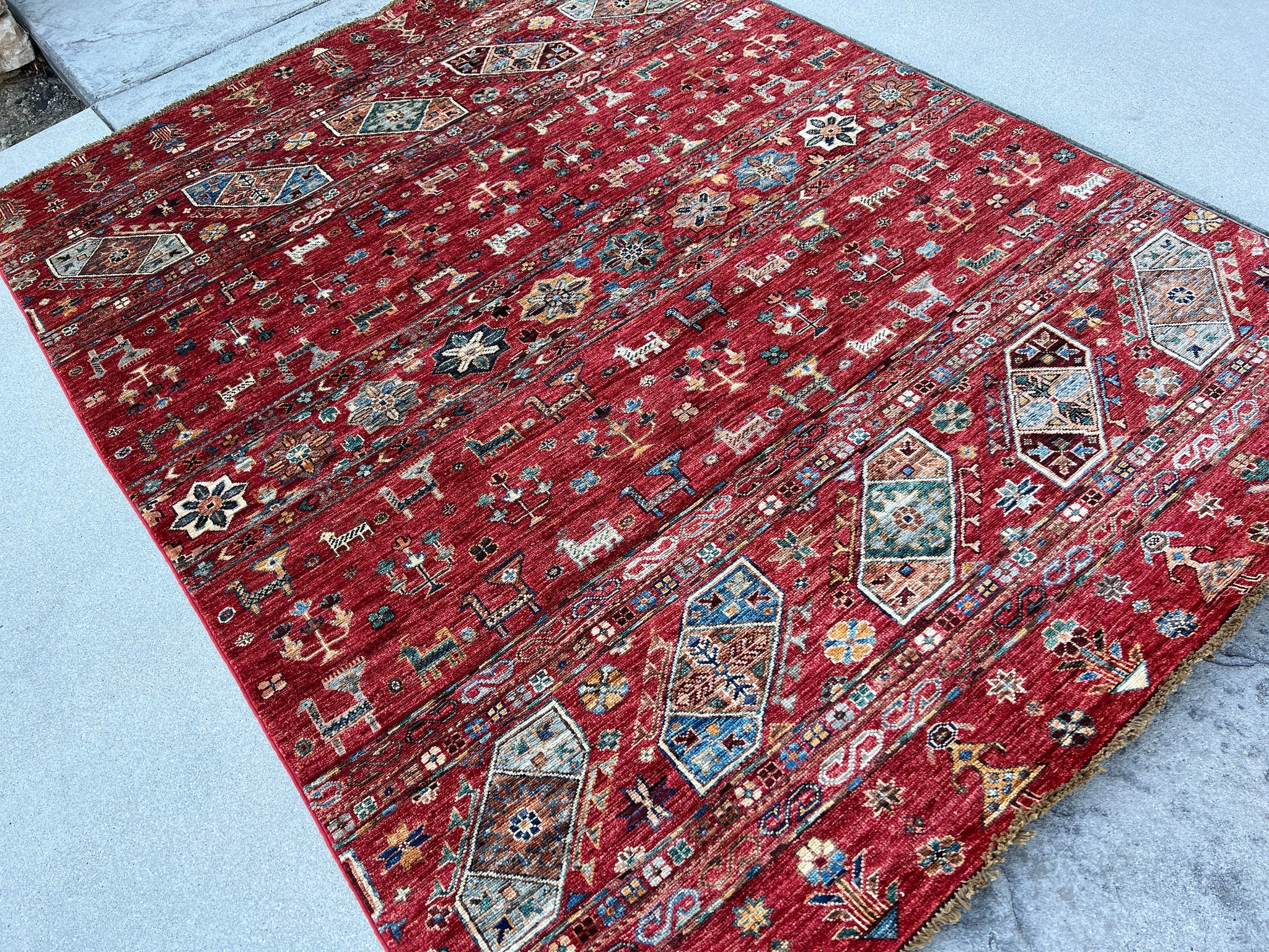 5x7 (150x215) Handmade Afghan Rug | Red Turquoise Teal Jean Blue Cream Beige Orange Maroon Chocolate Brown Sky Blue | Geometric Tribal Wool