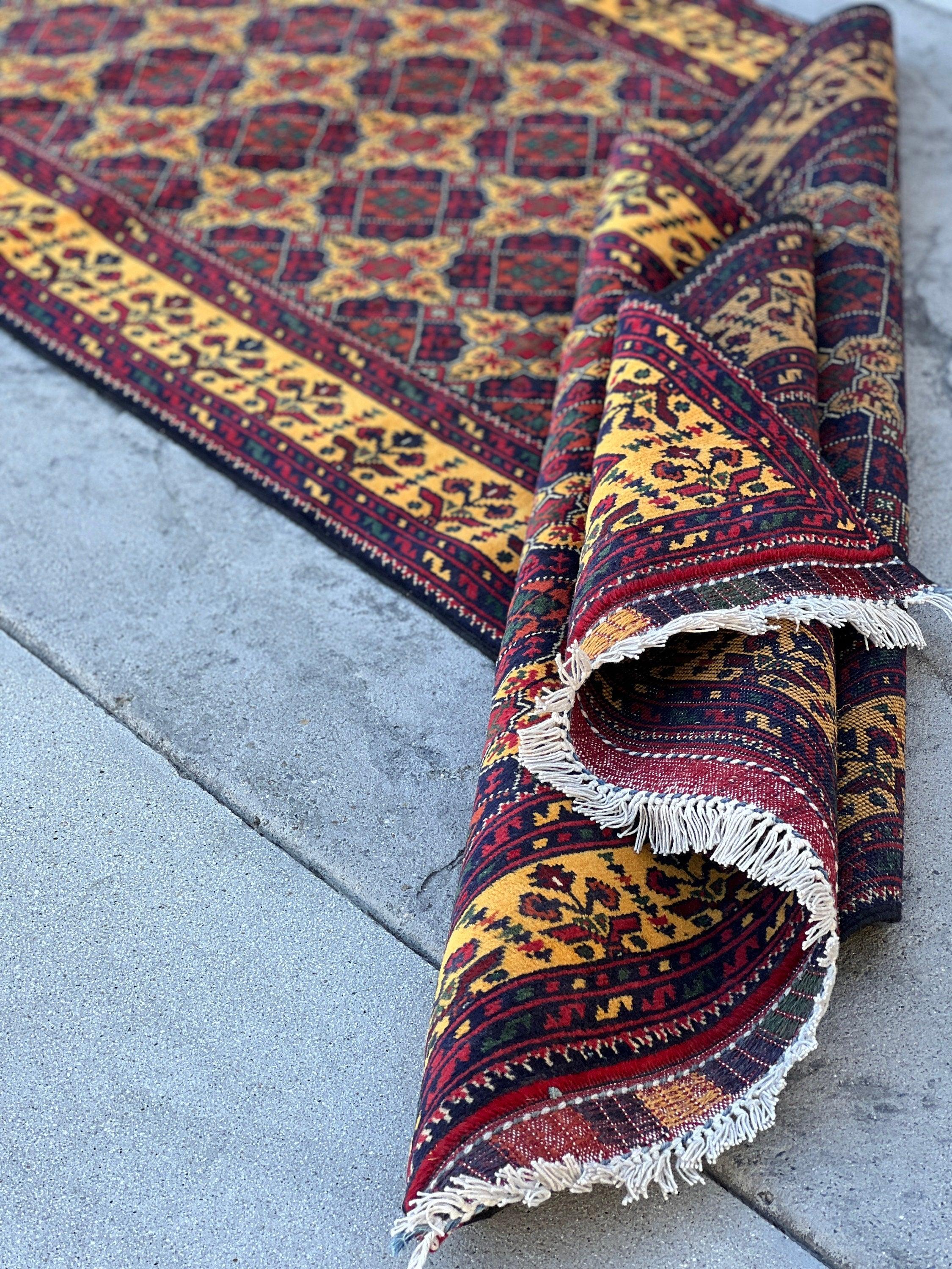 3x10 (90x305) Handmade Afghan Runner Rug | Ruby Red Cherry Red Navy Blue Gold Yellow Green  | Flat Weave Tribal Turkish Moroccan