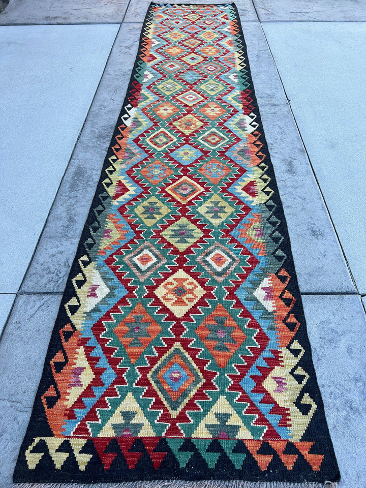 3x13 (90x395) Handmade Afghan Kilim Rug Runner | Red Lime Green Sky Blue Teal Orange Black Grey | Flatweave Tribal Oriental Boho