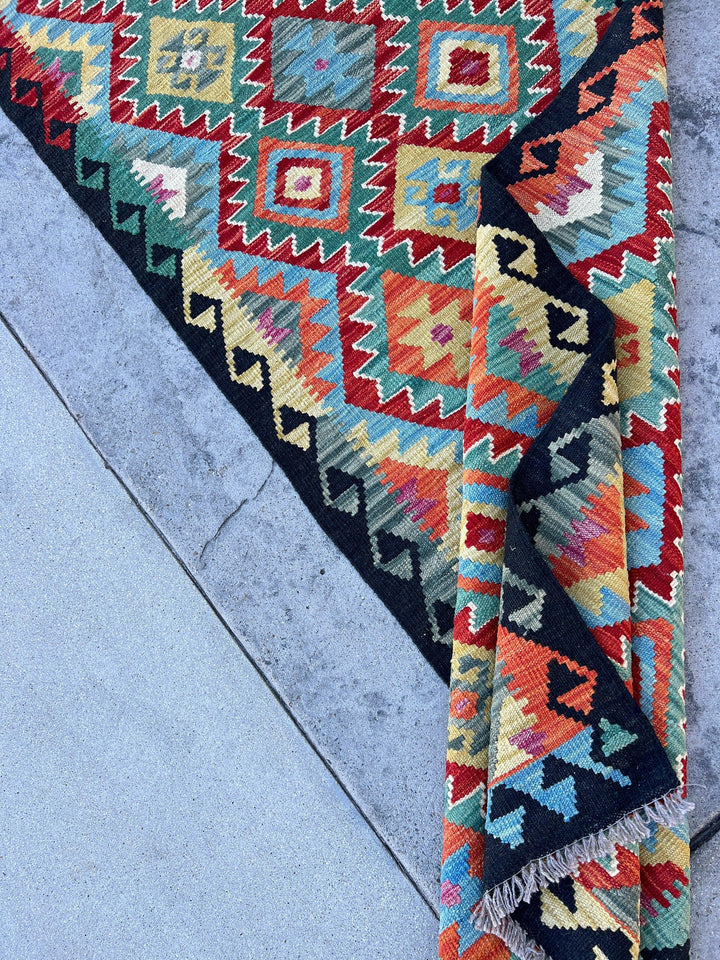 3x13 (90x395) Handmade Afghan Kilim Rug Runner | Red Lime Green Sky Blue Teal Orange Black Grey | Flatweave Tribal Oriental Boho