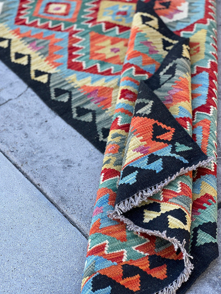 3x13 (90x395) Handmade Afghan Kilim Rug Runner | Red Lime Green Sky Blue Teal Orange Black Grey | Flatweave Tribal Oriental Boho