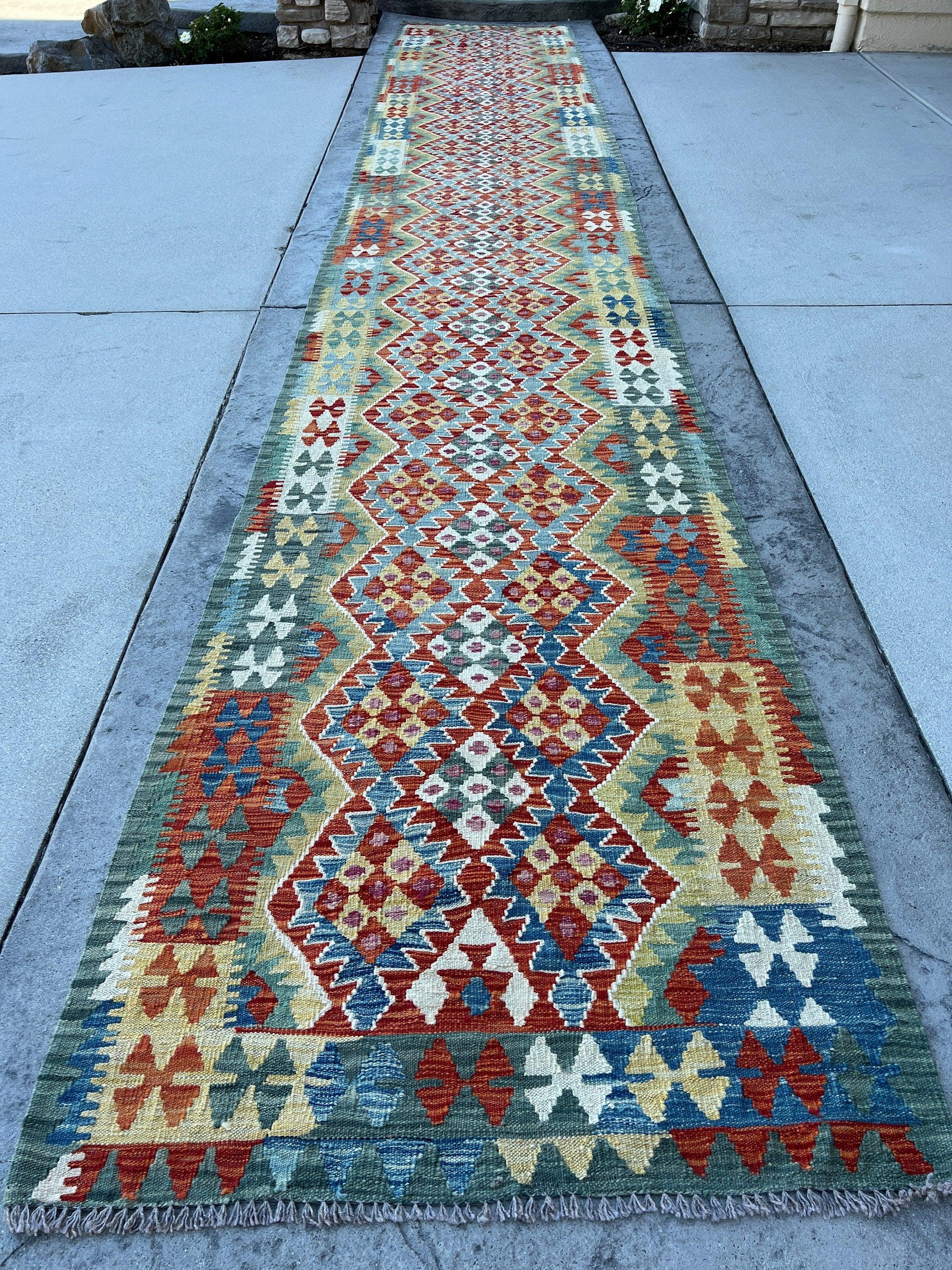 3x20 (90x610) Handmade Kilim Afghan Runner Rug | Red Teal Ivory Burnt Orange Cream Beige Fuchsia Blue | Flat Weave Tribal Nomadic Turkish