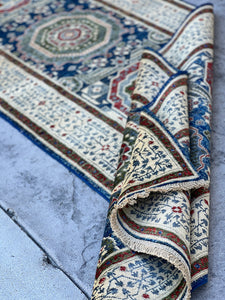 3x10 (90x305) Handmade Afghan Runner Rug | Jean Blue Teal Ivory Cream Beige Red Grey Fern Seaweed Green | Turkish Moroccan Oriental Wool